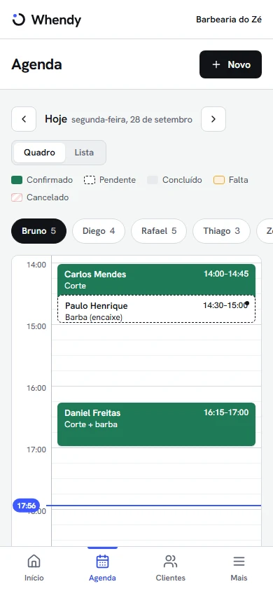 Agenda do Whendy no celular, um barbeiro por vez, com horários confirmados e pendentes